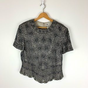 Vintage Papell Boutique Evening Silk Sequin Vintage Flower Blouse Size Large